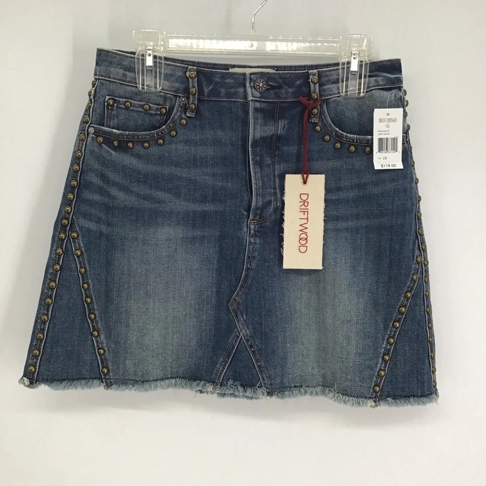 Driftwood Stef Frayed Hem Studded Denim Mini Skirt Button-Up Blue NWT Size 28
